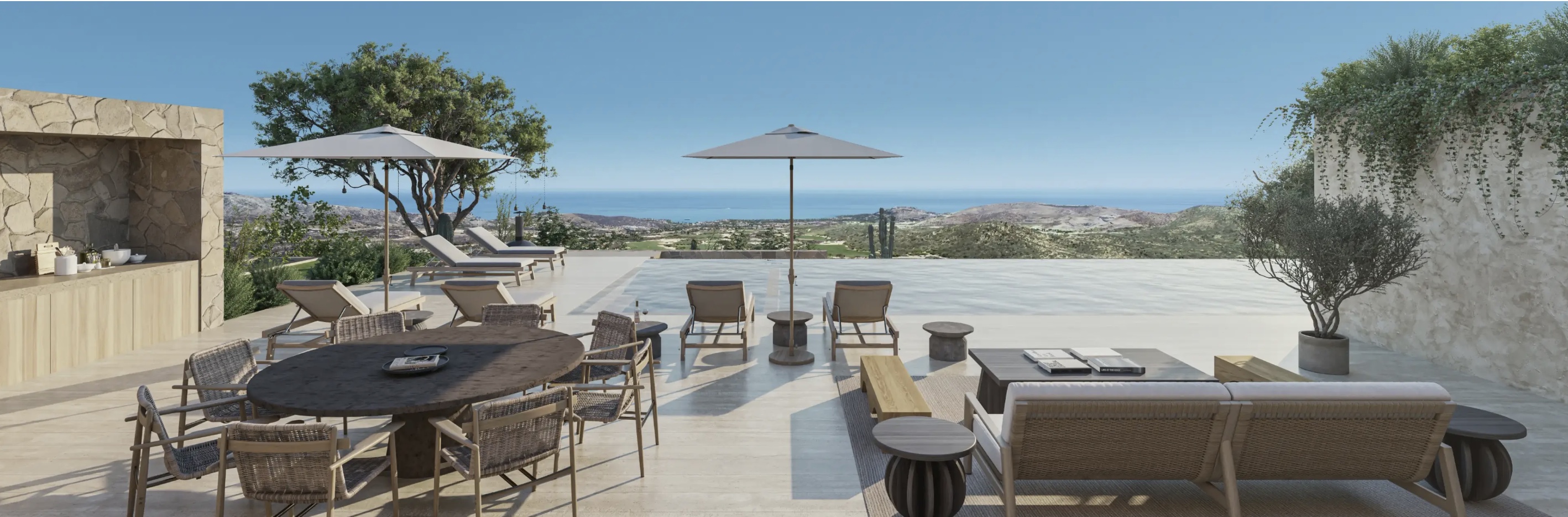 Palmilla Park — terraza con pool, dining y vista al mar